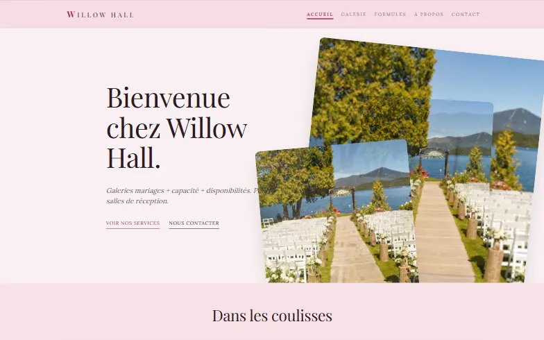 La page d’accueil du modèle Salle de Réception