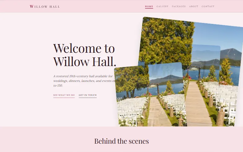 The home page of the Event Venue template
