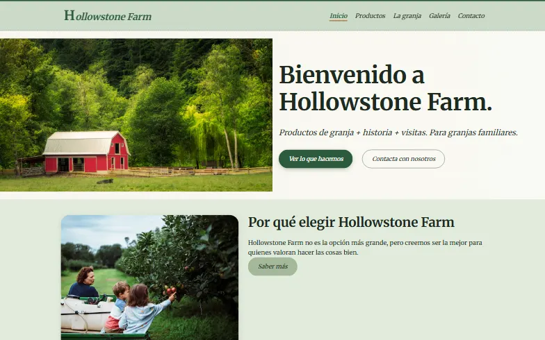 La página de inicio de la plantilla Granja Familiar