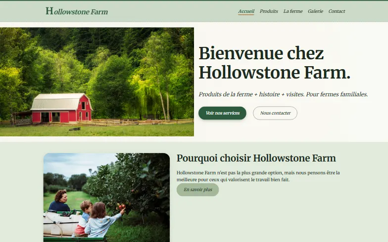 La page d’accueil du modèle Ferme Familiale