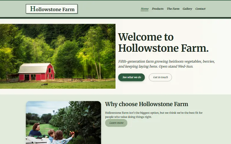 The home page of the Family Farm template