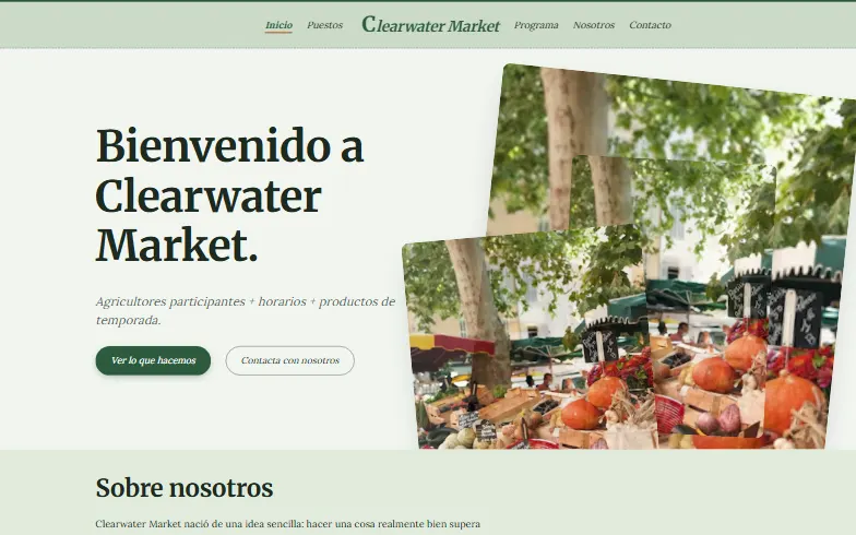 La página de inicio de la plantilla Mercado Agrícola