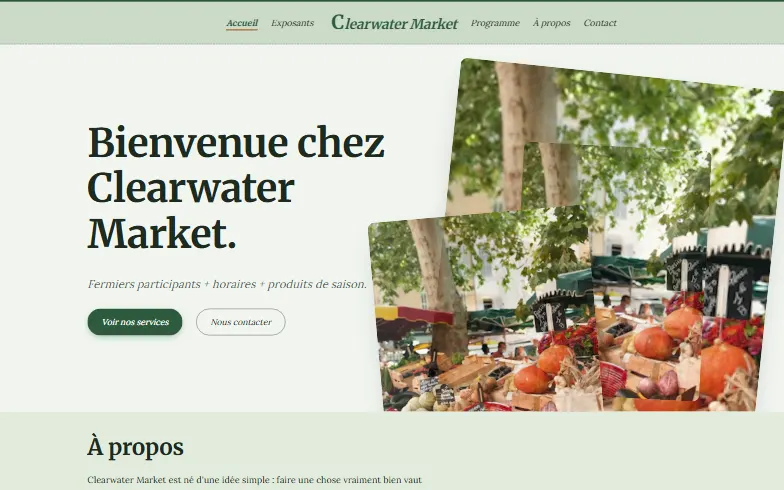 La page d’accueil du modèle Marché Fermier