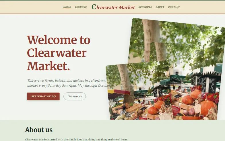 The home page of the Farmers Market template