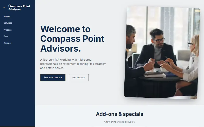 The home page of the Financial Advisor template