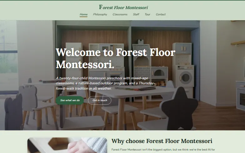 The home page of the Montessori Preschool template