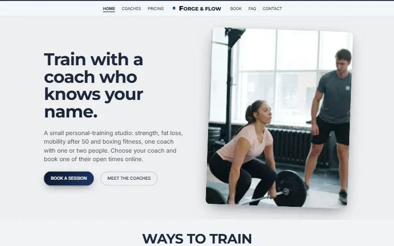 The home page of the Personal Training Studio with Coach Booking template