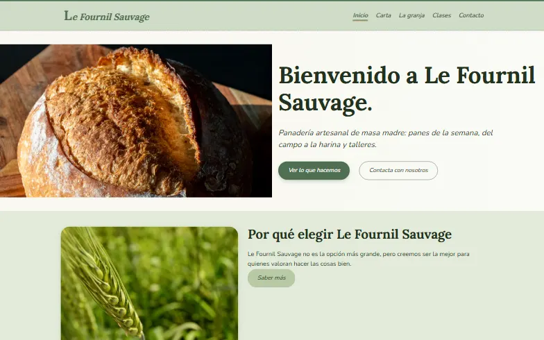 La página de inicio de la plantilla Masa Madre a la Leña