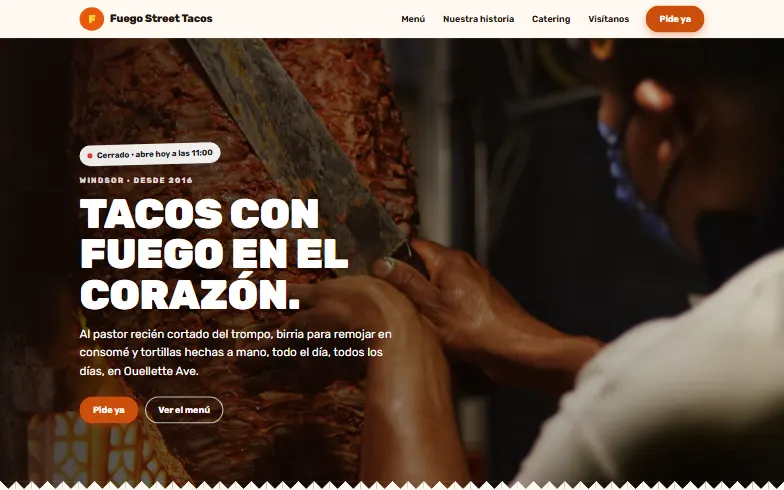 La página de inicio de la plantilla Fuego Street Tacos