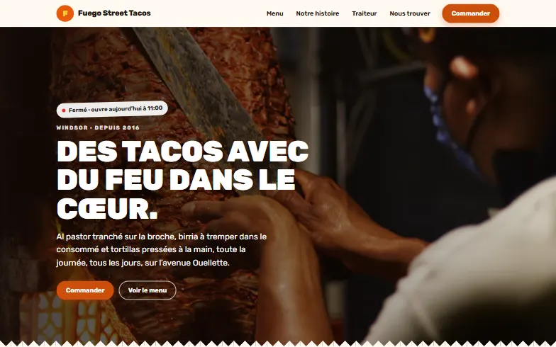 La page d’accueil du modèle Fuego Street Tacos