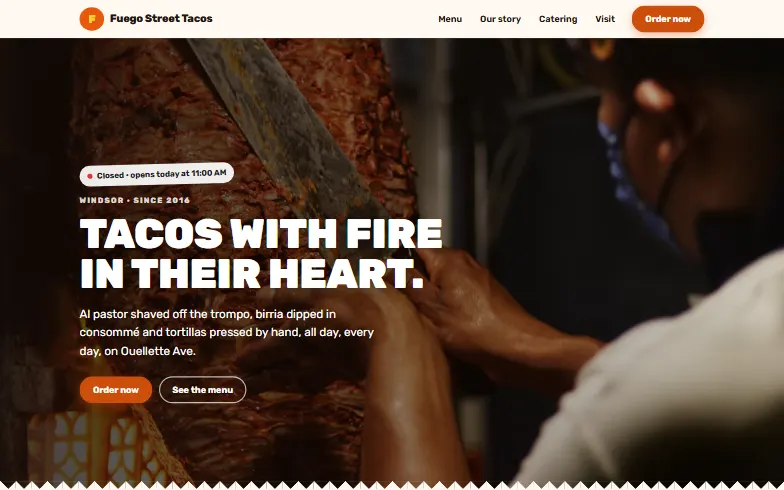The home page of the Fuego Street Tacos template