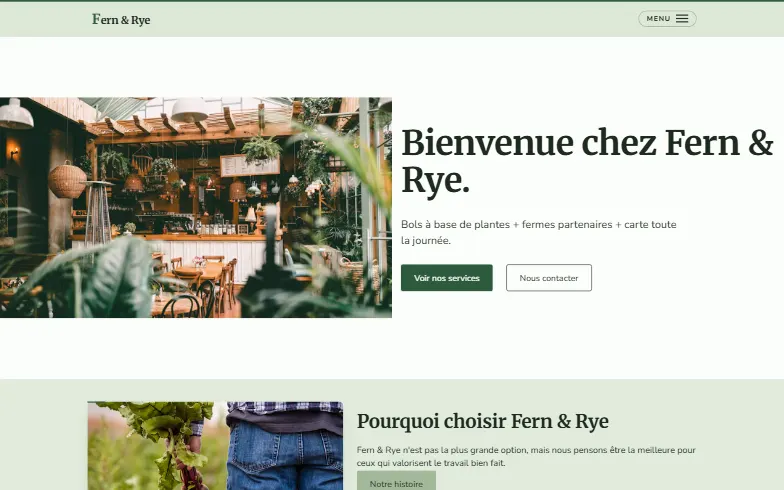 La page d’accueil du modèle Café Végane Jardin