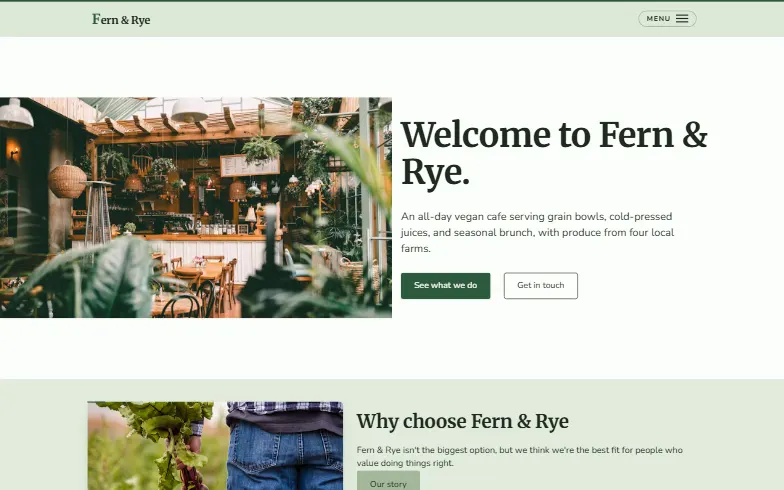 The home page of the Garden Vegan Cafe template