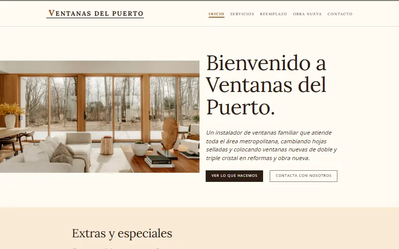 La página de inicio de la plantilla Instalador Residencial de Ventanas