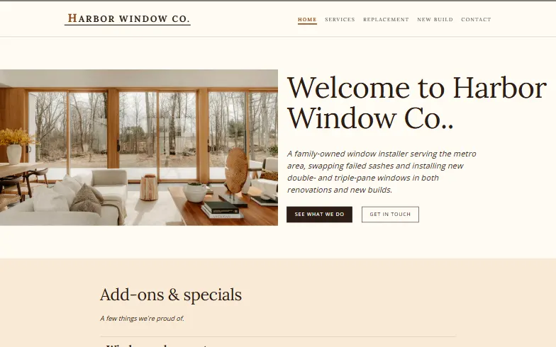 The home page of the Residential Window Installer template