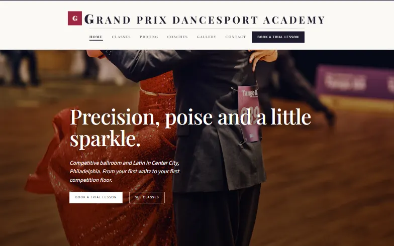 The home page of the Grand Prix DanceSport Academy template