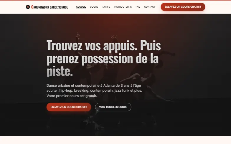 La page d’accueil du modèle Groundwork Dance School