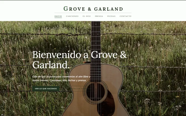 La página de inicio de la plantilla Grove & Garland