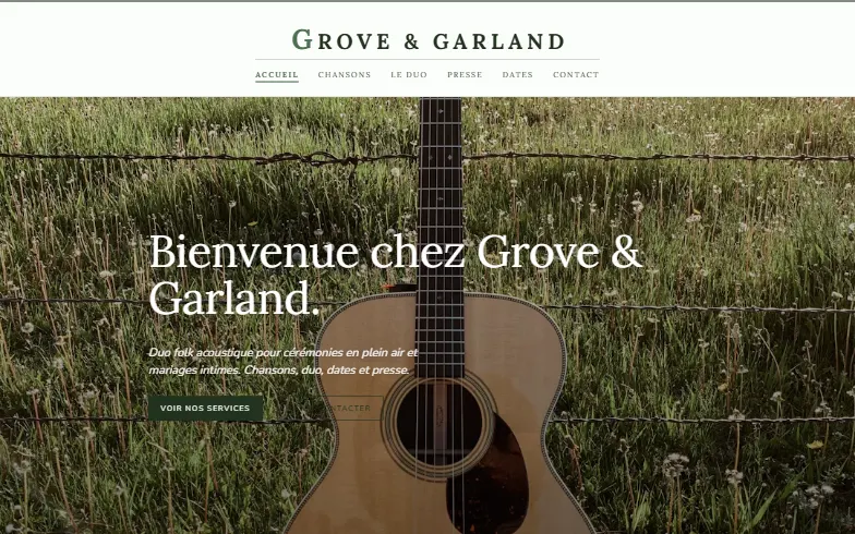 La page d’accueil du modèle Grove & Garland