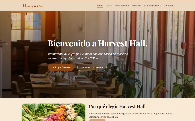 La página de inicio de la plantilla Restaurante Harvest Hall