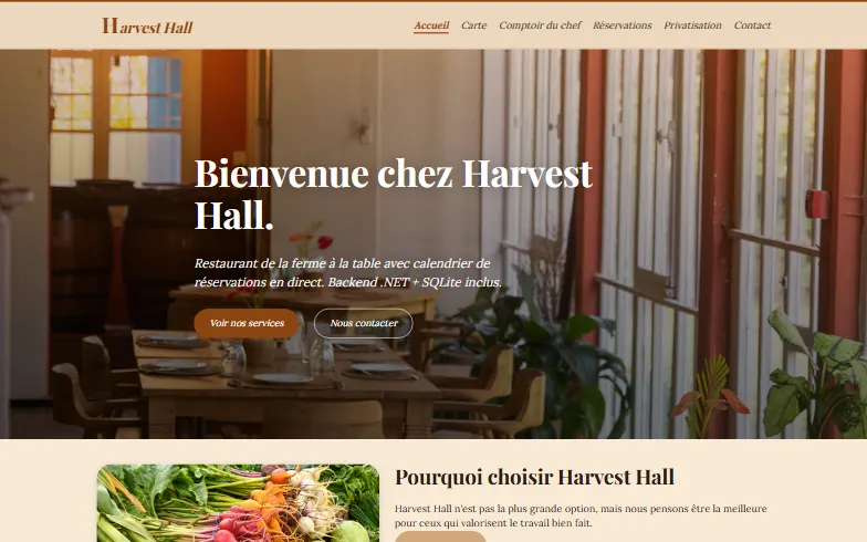 La page d’accueil du modèle Restaurant Harvest Hall