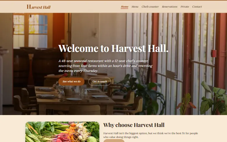 The home page of the Harvest Hall Restaurant template