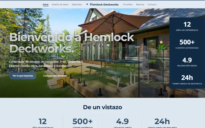La página de inicio de la plantilla Hemlock Deckworks