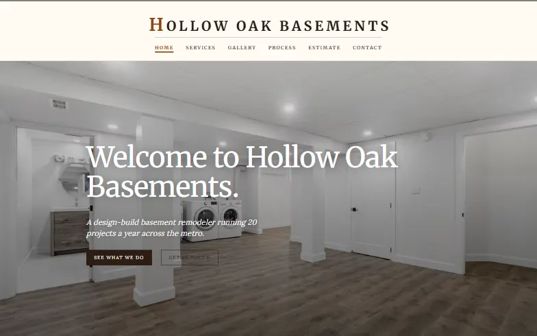 The home page of the Hollow Oak Basements template