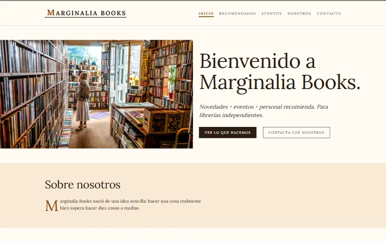 La página de inicio de la plantilla Librería Indie