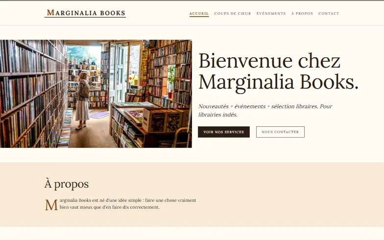 La page d’accueil du modèle Librairie Indé