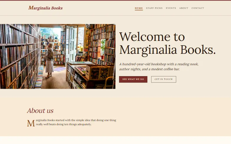 The home page of the Indie Bookstore template