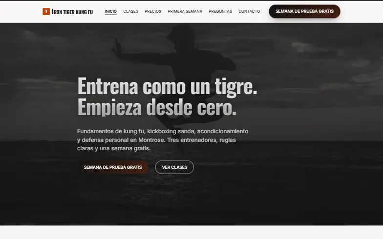 La página de inicio de la plantilla Iron Tiger Kung Fu