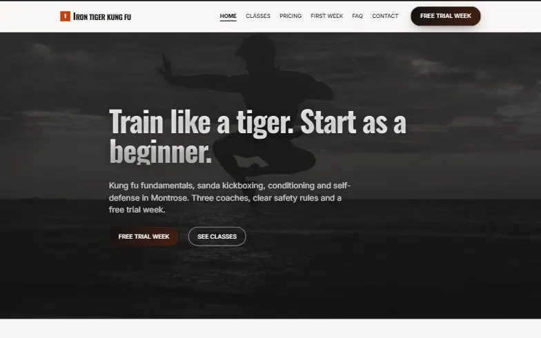 The home page of the Iron Tiger Kung Fu template