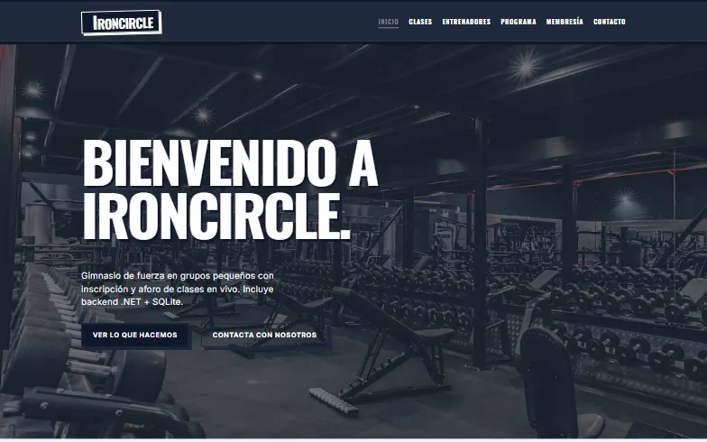 La página de inicio de la plantilla Gimnasio Ironcircle