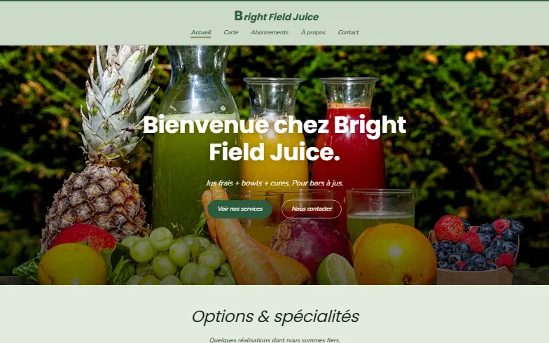 La page d’accueil du modèle Bar à Jus