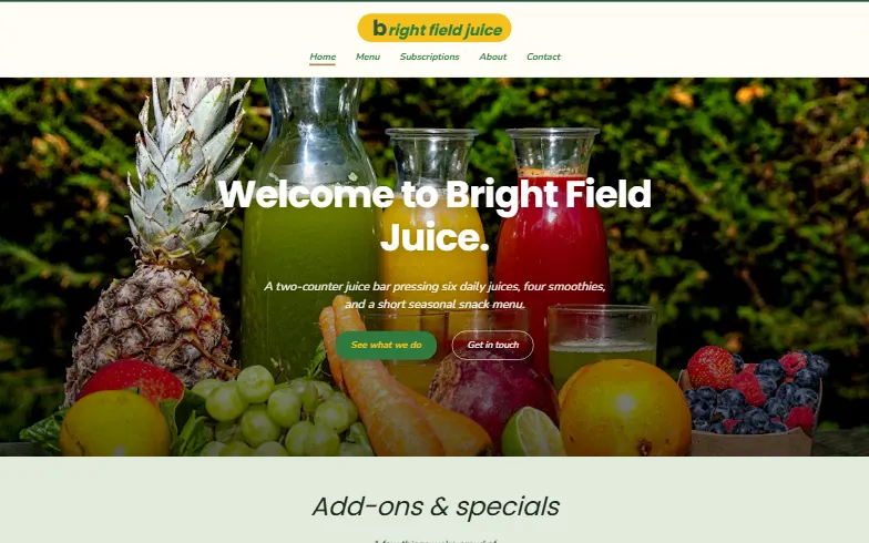 The home page of the Juice Bar template