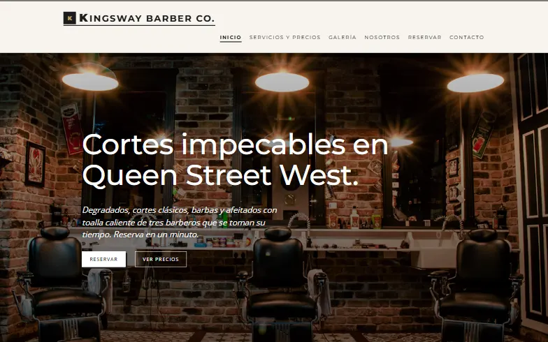 La página de inicio de la plantilla Kingsway Barber Co.