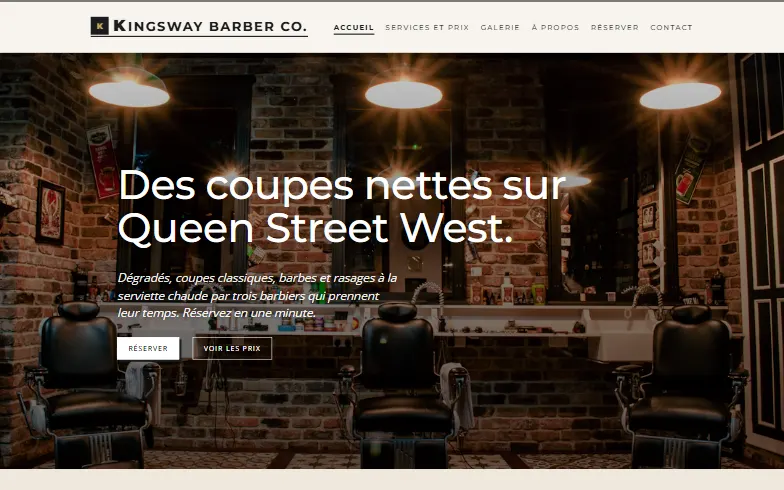 La page d’accueil du modèle Kingsway Barber Co.
