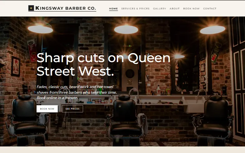 The home page of the Kingsway Barber Co. template