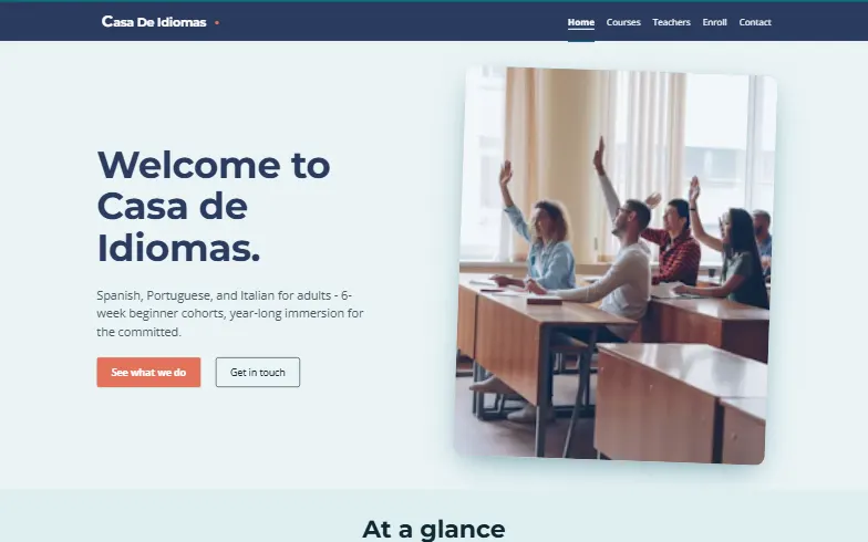 The home page of the Language School template
