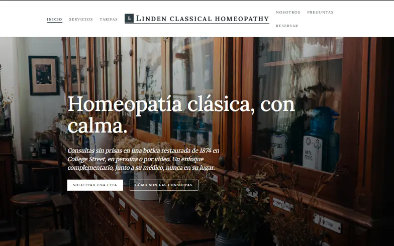 La página de inicio de la plantilla Linden Classical Homeopathy