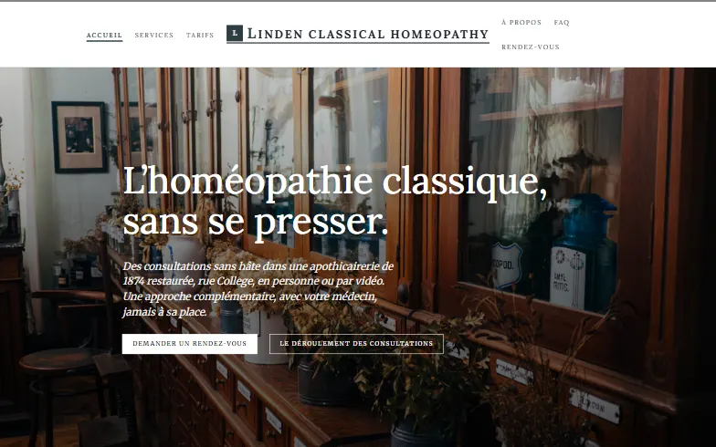 La page d’accueil du modèle Linden Classical Homeopathy