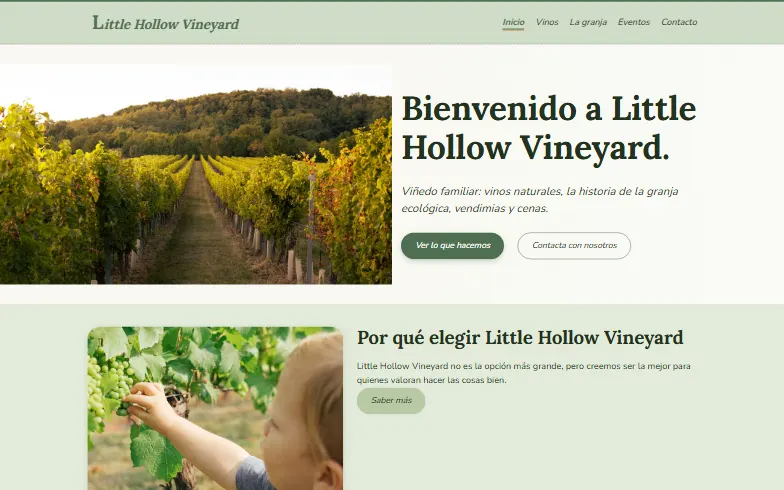 La página de inicio de la plantilla Bodega Ecológica de Granja
