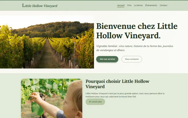 La page d’accueil du modèle Vignoble Bio à la Ferme