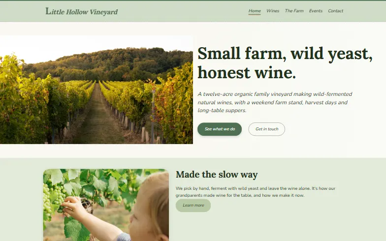 The home page of the Organic Farm Winery template