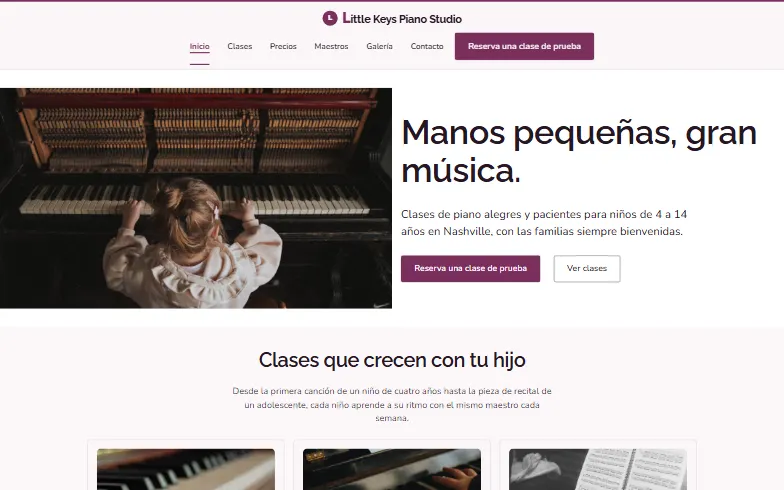 La página de inicio de la plantilla Little Keys Piano Studio