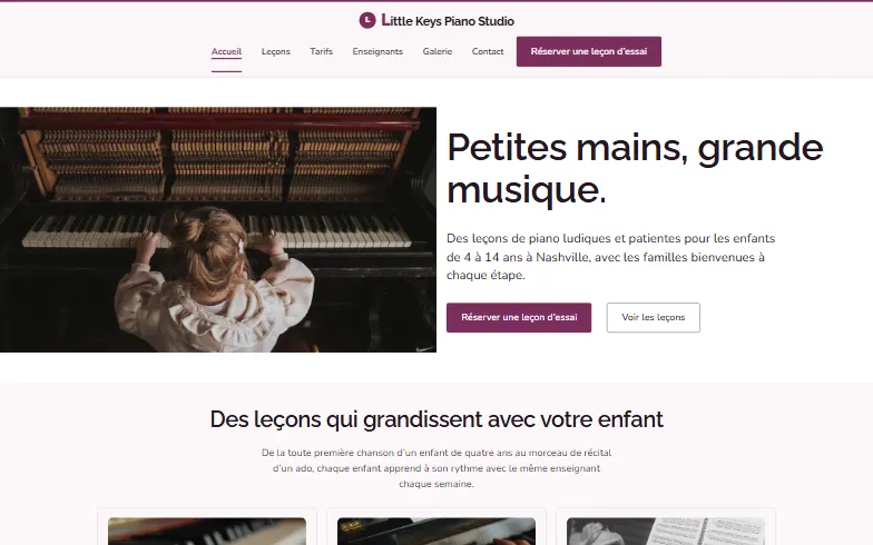 La page d’accueil du modèle Little Keys Piano Studio