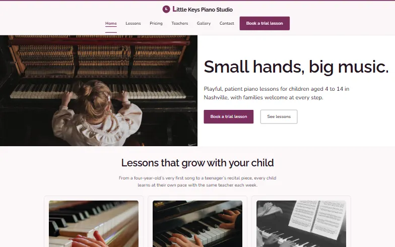 The home page of the Little Keys Piano Studio template