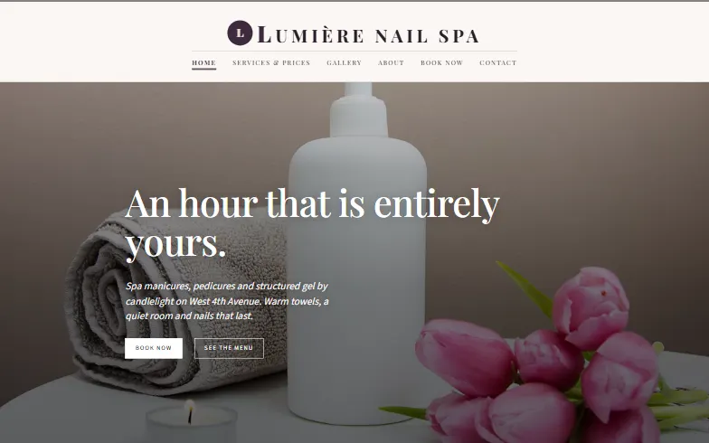 The home page of the Lumière Nail Spa template
