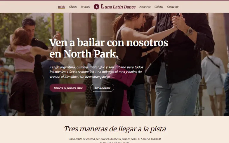 La página de inicio de la plantilla Luna Latin Dance